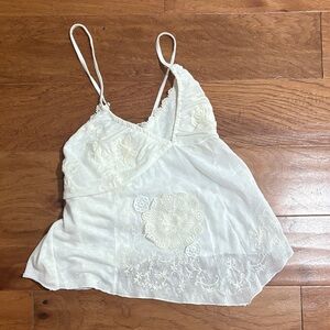 Anthropologie Cream Embroidered Lace-Trim Tank Top